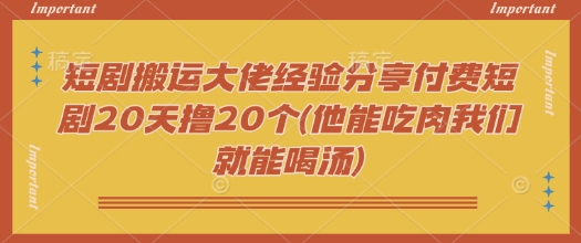 短剧搬运大佬经验分享付费短剧20天撸20个(他能吃肉我们就能喝汤)-视觉 - 全网资源整合平台 | 网赚教程 项目分享 写真集 软件下载